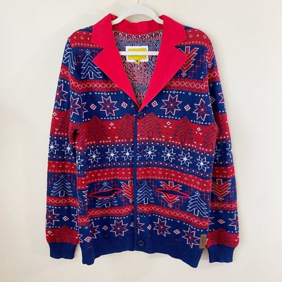 Tipsy Elves Navy & Red Fair Isle Christmas Cardigan Sweater Men's Size Large EUC - Picture 7 of 7